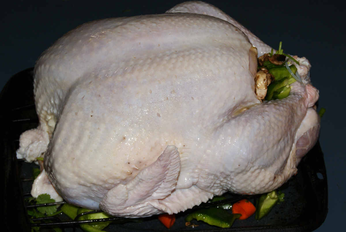 Stuffed Turkey breast up on a black roasting pan