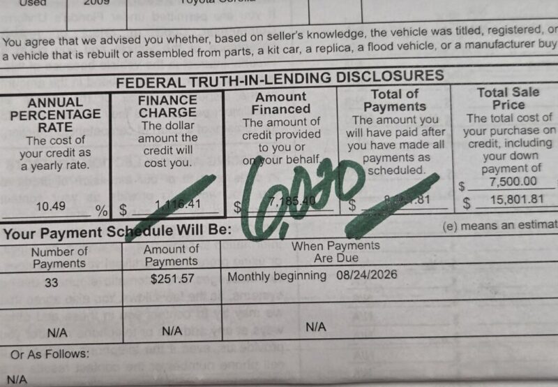 A close-up of the Federal Truth-in-Lending Disclosures section of an auto financing contract showing loan terms, payment details, and a large green handwritten mark across the document.